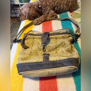 SOLD!  Myra Bag handbag, canvas and leather, 11” x 13”